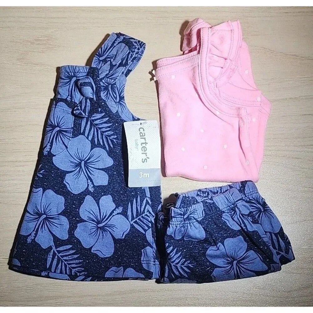 3 piece Carter's Size 6 Months Infant Girls Blue Tropical Tank Top, Short Set
